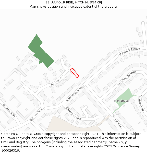 28, ARMOUR RISE, HITCHIN, SG4 0RJ: Location map and indicative extent of plot