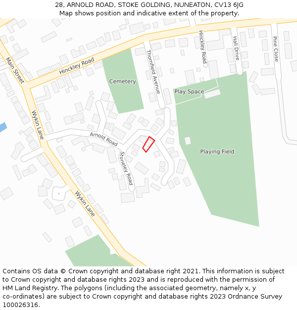 28, ARNOLD ROAD, STOKE GOLDING, NUNEATON, CV13 6JG: Location map and indicative extent of plot