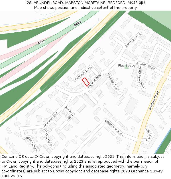 28, ARUNDEL ROAD, MARSTON MORETAINE, BEDFORD, MK43 0JU: Location map and indicative extent of plot