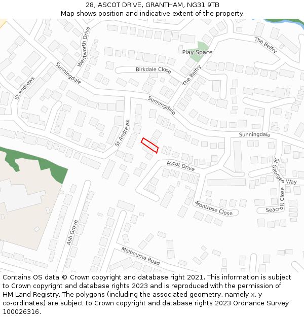 28, ASCOT DRIVE, GRANTHAM, NG31 9TB: Location map and indicative extent of plot