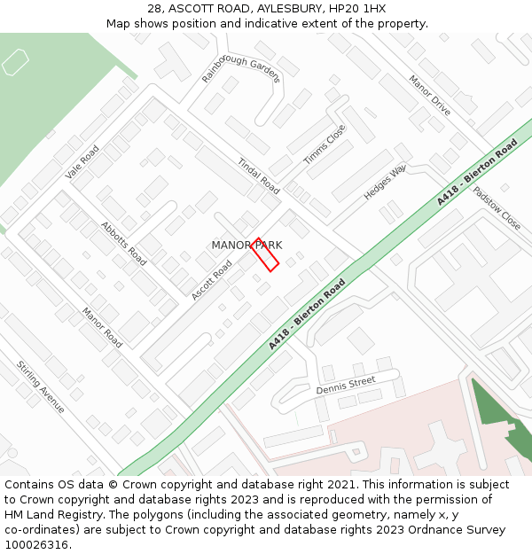 28, ASCOTT ROAD, AYLESBURY, HP20 1HX: Location map and indicative extent of plot