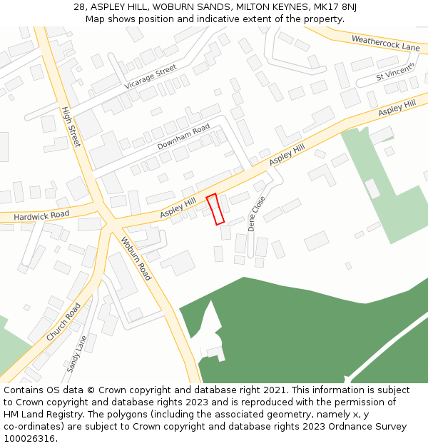 28, ASPLEY HILL, WOBURN SANDS, MILTON KEYNES, MK17 8NJ: Location map and indicative extent of plot