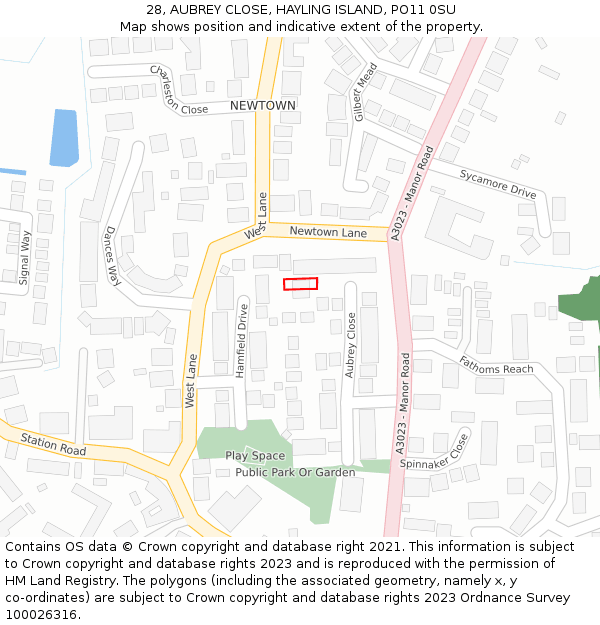 28, AUBREY CLOSE, HAYLING ISLAND, PO11 0SU: Location map and indicative extent of plot