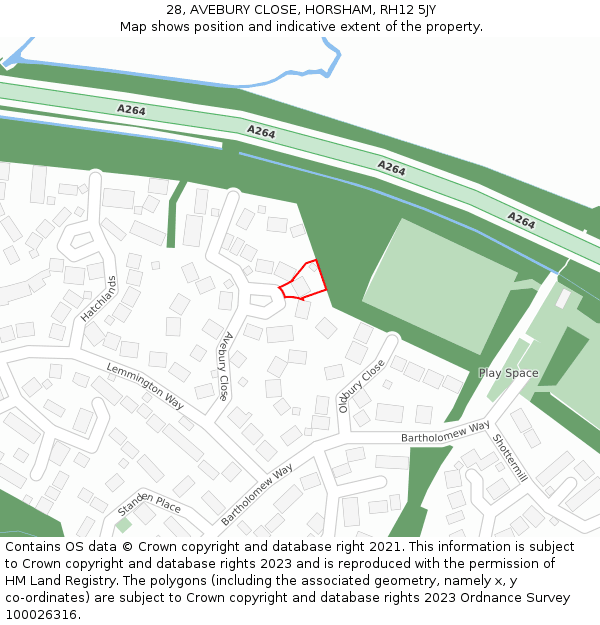 28, AVEBURY CLOSE, HORSHAM, RH12 5JY: Location map and indicative extent of plot