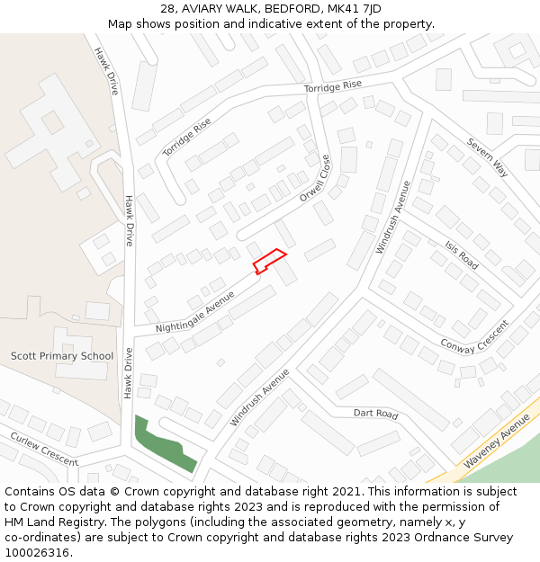 28, AVIARY WALK, BEDFORD, MK41 7JD: Location map and indicative extent of plot