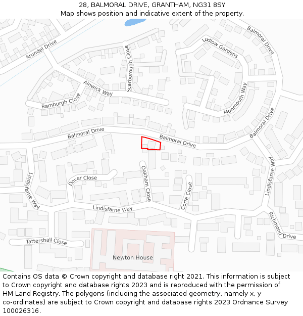 28, BALMORAL DRIVE, GRANTHAM, NG31 8SY: Location map and indicative extent of plot