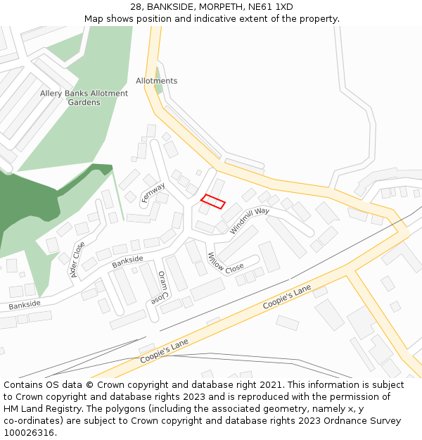 28, BANKSIDE, MORPETH, NE61 1XD: Location map and indicative extent of plot