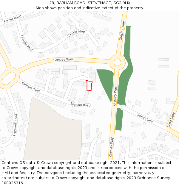 28, BARHAM ROAD, STEVENAGE, SG2 9HX: Location map and indicative extent of plot