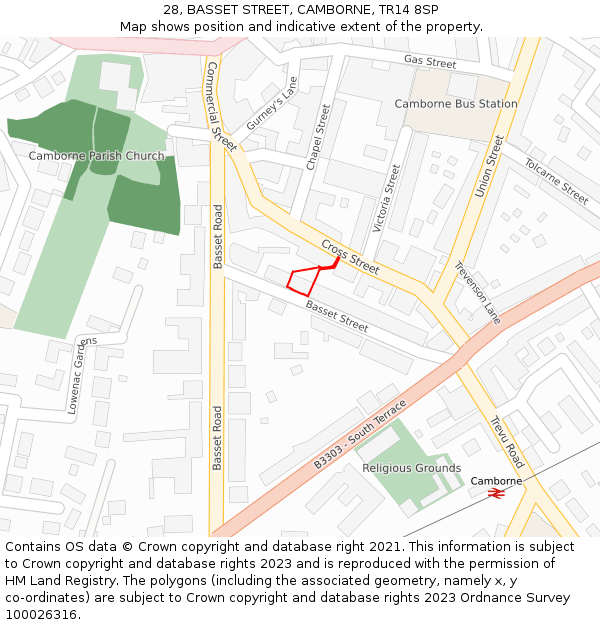 28, BASSET STREET, CAMBORNE, TR14 8SP: Location map and indicative extent of plot