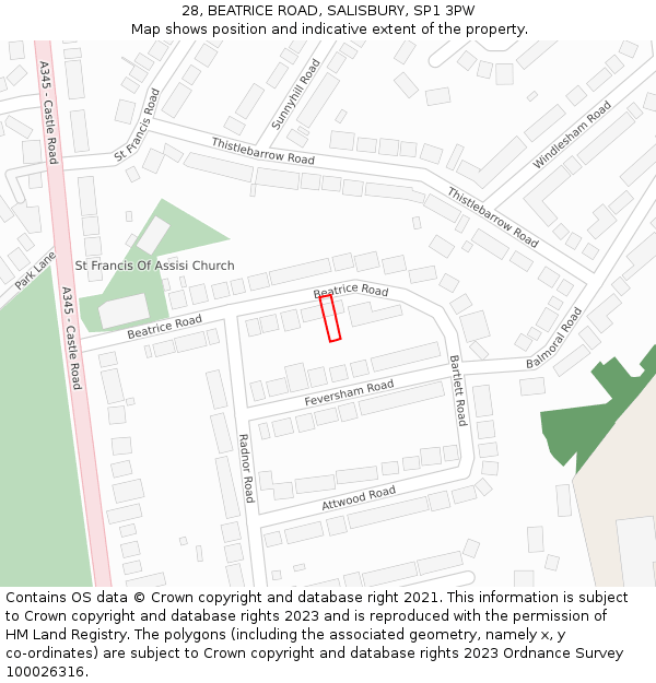 28, BEATRICE ROAD, SALISBURY, SP1 3PW: Location map and indicative extent of plot