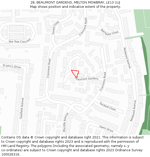 28, BEAUMONT GARDENS, MELTON MOWBRAY, LE13 1UJ: Location map and indicative extent of plot