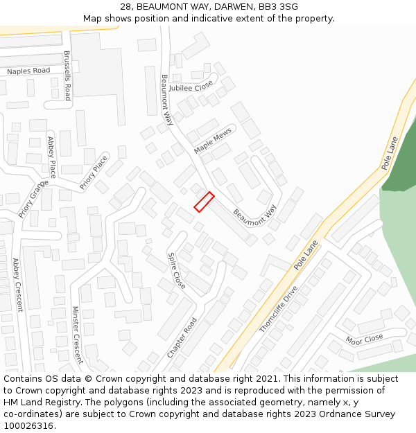 28, BEAUMONT WAY, DARWEN, BB3 3SG: Location map and indicative extent of plot