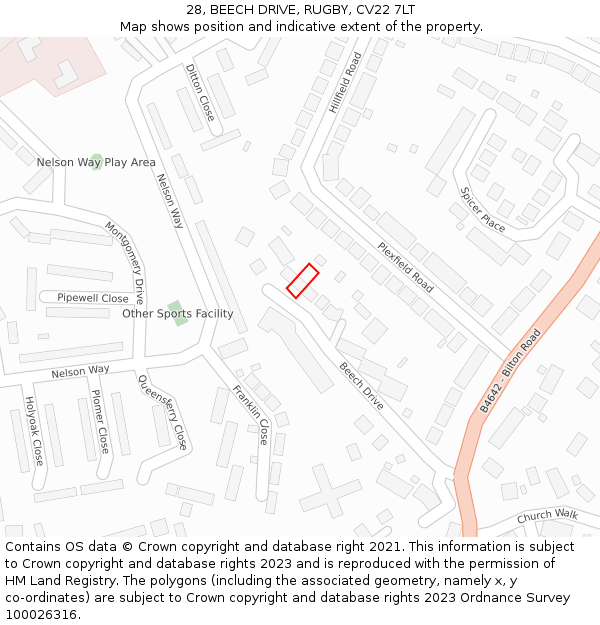 28, BEECH DRIVE, RUGBY, CV22 7LT: Location map and indicative extent of plot