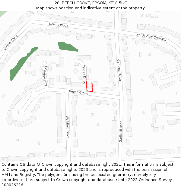 28, BEECH GROVE, EPSOM, KT18 5UG: Location map and indicative extent of plot