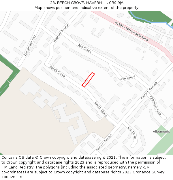 28, BEECH GROVE, HAVERHILL, CB9 9JA: Location map and indicative extent of plot