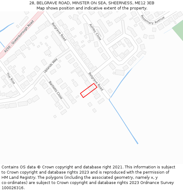 28, BELGRAVE ROAD, MINSTER ON SEA, SHEERNESS, ME12 3EB: Location map and indicative extent of plot