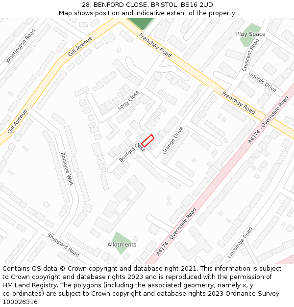 28, BENFORD CLOSE, BRISTOL, BS16 2UD: Location map and indicative extent of plot