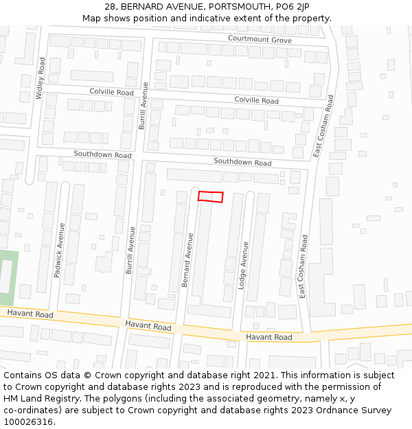 28, BERNARD AVENUE, PORTSMOUTH, PO6 2JP: Location map and indicative extent of plot