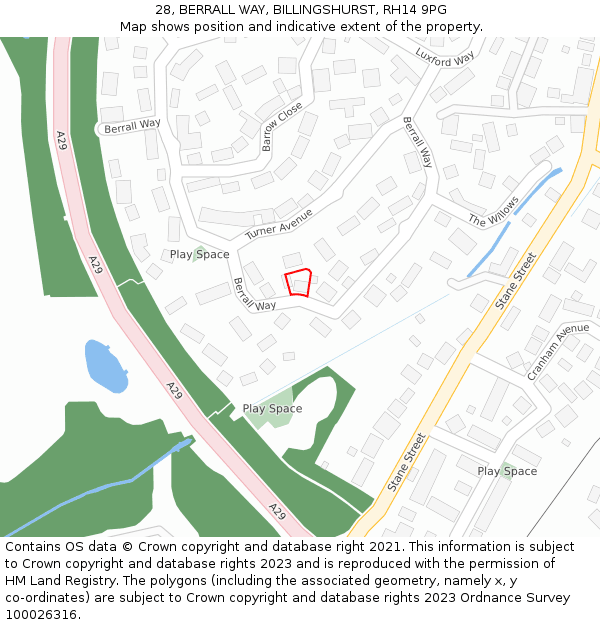 28, BERRALL WAY, BILLINGSHURST, RH14 9PG: Location map and indicative extent of plot