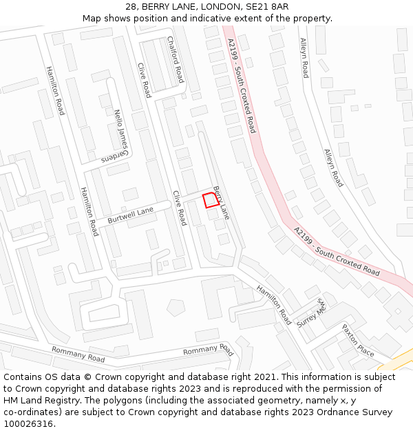 28, BERRY LANE, LONDON, SE21 8AR: Location map and indicative extent of plot