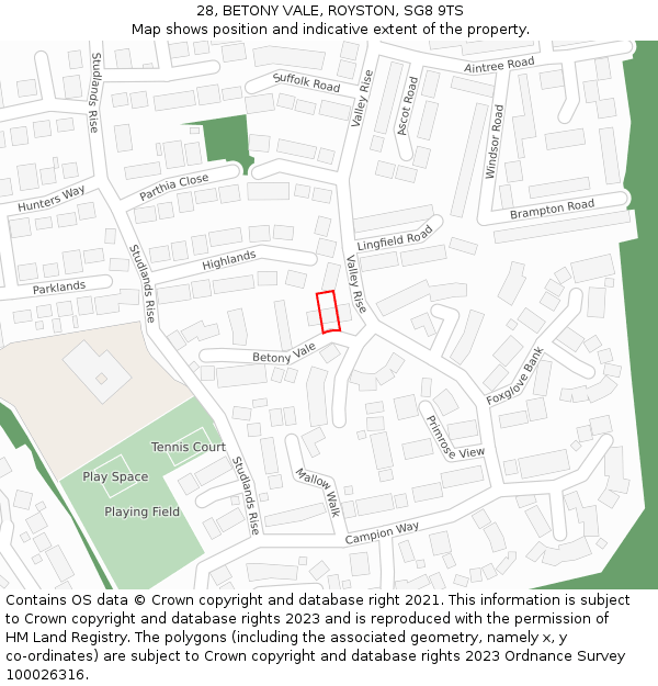 28, BETONY VALE, ROYSTON, SG8 9TS: Location map and indicative extent of plot