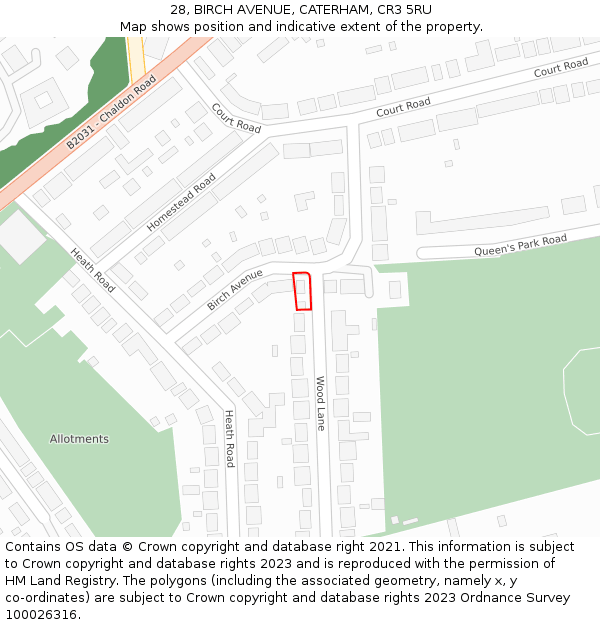 28, BIRCH AVENUE, CATERHAM, CR3 5RU: Location map and indicative extent of plot