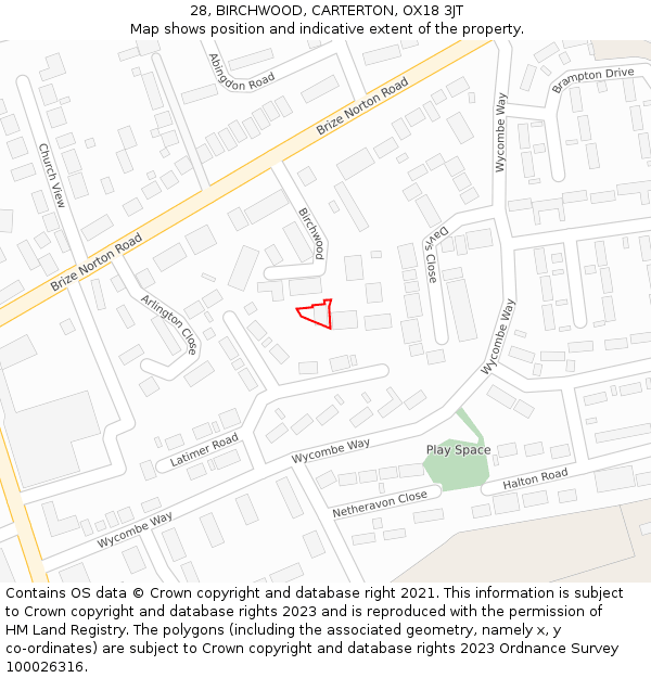 28, BIRCHWOOD, CARTERTON, OX18 3JT: Location map and indicative extent of plot