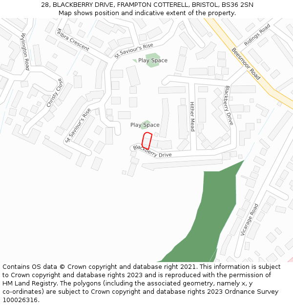 28, BLACKBERRY DRIVE, FRAMPTON COTTERELL, BRISTOL, BS36 2SN: Location map and indicative extent of plot