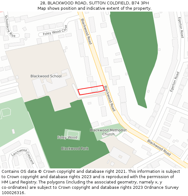 28, BLACKWOOD ROAD, SUTTON COLDFIELD, B74 3PH: Location map and indicative extent of plot