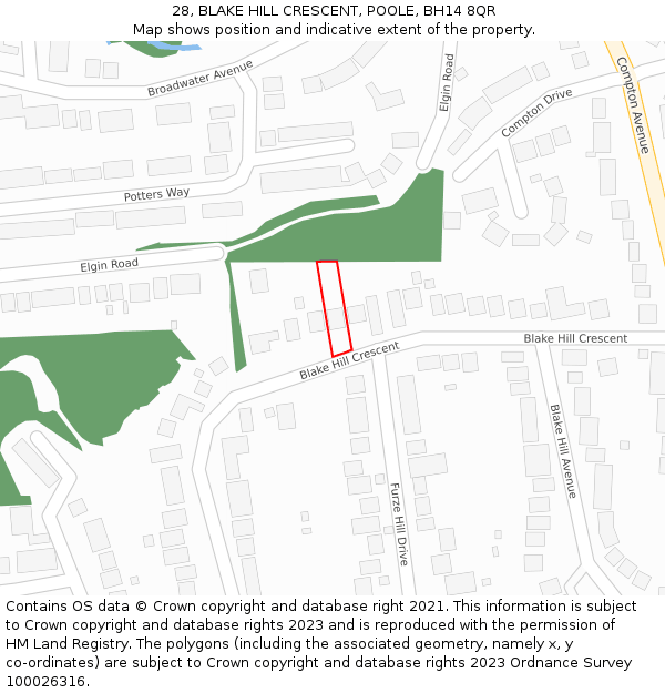 28, BLAKE HILL CRESCENT, POOLE, BH14 8QR: Location map and indicative extent of plot