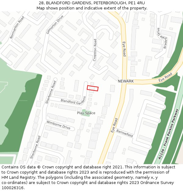 28, BLANDFORD GARDENS, PETERBOROUGH, PE1 4RU: Location map and indicative extent of plot
