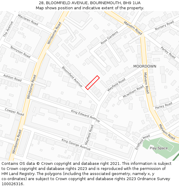 28, BLOOMFIELD AVENUE, BOURNEMOUTH, BH9 1UA: Location map and indicative extent of plot