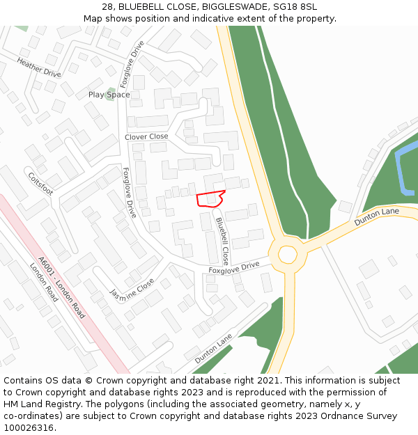 28, BLUEBELL CLOSE, BIGGLESWADE, SG18 8SL: Location map and indicative extent of plot