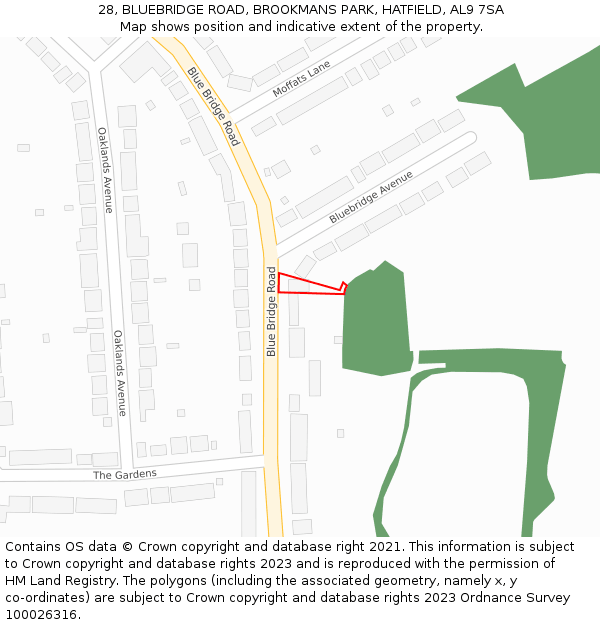 28, BLUEBRIDGE ROAD, BROOKMANS PARK, HATFIELD, AL9 7SA: Location map and indicative extent of plot