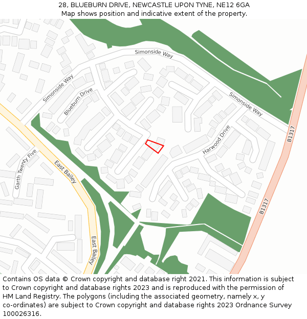 28, BLUEBURN DRIVE, NEWCASTLE UPON TYNE, NE12 6GA: Location map and indicative extent of plot