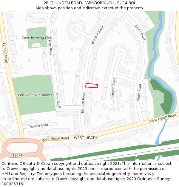 28, BLUNDEN ROAD, FARNBOROUGH, GU14 8QL: Location map and indicative extent of plot