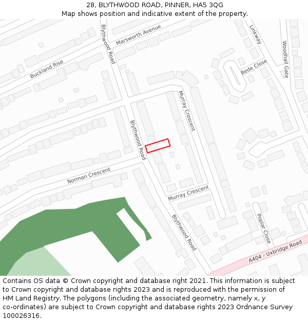 28, BLYTHWOOD ROAD, PINNER, HA5 3QG: Location map and indicative extent of plot