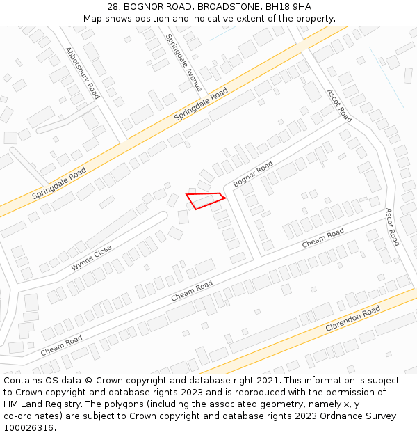 28, BOGNOR ROAD, BROADSTONE, BH18 9HA: Location map and indicative extent of plot