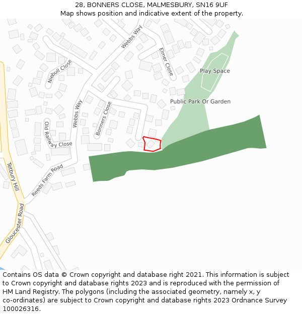 28, BONNERS CLOSE, MALMESBURY, SN16 9UF: Location map and indicative extent of plot