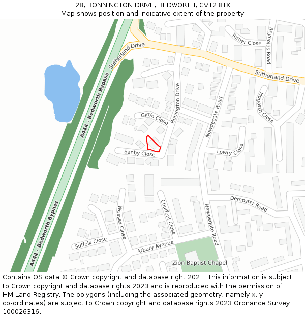 28, BONNINGTON DRIVE, BEDWORTH, CV12 8TX: Location map and indicative extent of plot