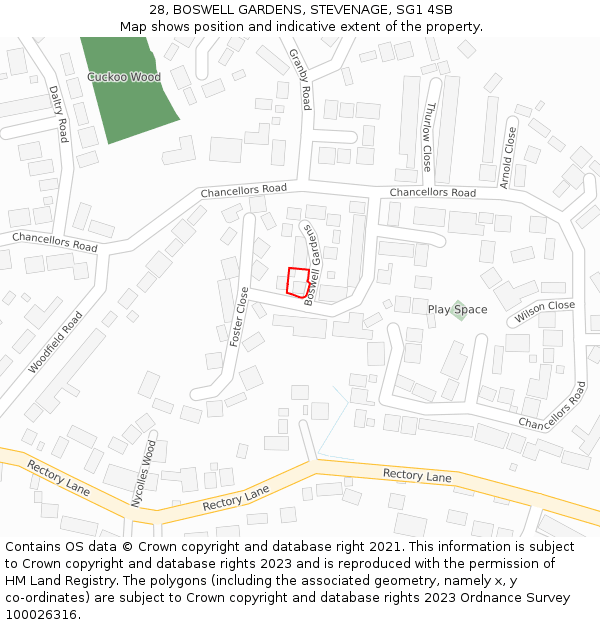 28, BOSWELL GARDENS, STEVENAGE, SG1 4SB: Location map and indicative extent of plot