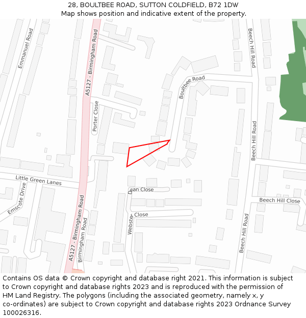 28, BOULTBEE ROAD, SUTTON COLDFIELD, B72 1DW: Location map and indicative extent of plot