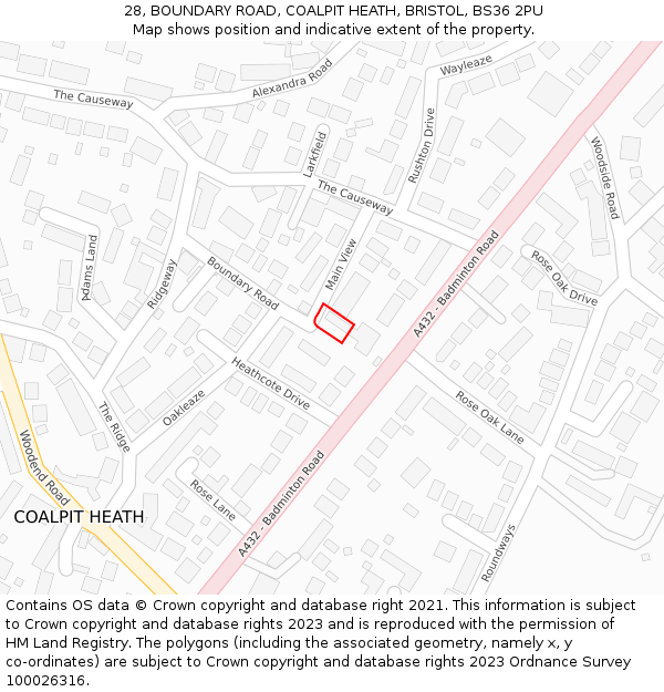 28, BOUNDARY ROAD, COALPIT HEATH, BRISTOL, BS36 2PU: Location map and indicative extent of plot