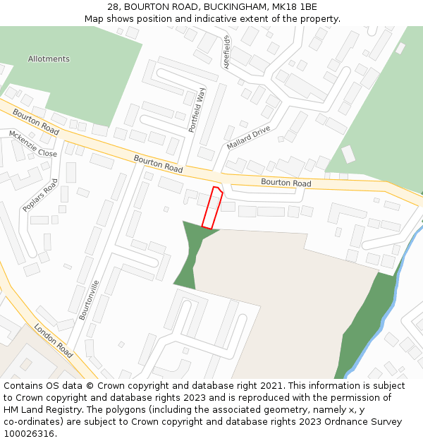 28, BOURTON ROAD, BUCKINGHAM, MK18 1BE: Location map and indicative extent of plot