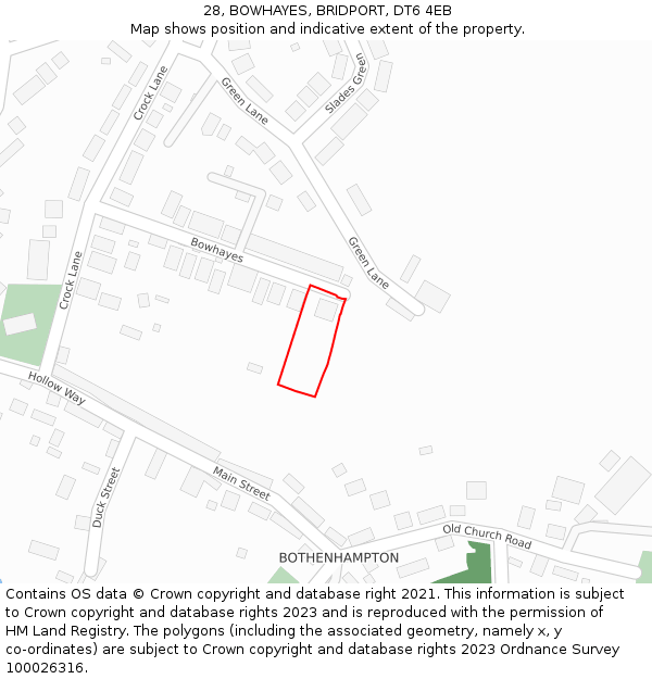 28, BOWHAYES, BRIDPORT, DT6 4EB: Location map and indicative extent of plot