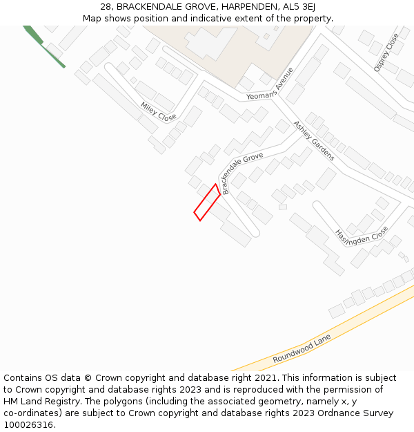 28, BRACKENDALE GROVE, HARPENDEN, AL5 3EJ: Location map and indicative extent of plot