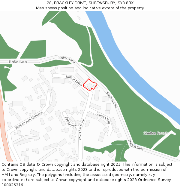 28, BRACKLEY DRIVE, SHREWSBURY, SY3 8BX: Location map and indicative extent of plot