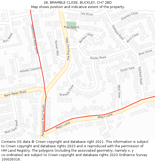 28, BRAMBLE CLOSE, BUCKLEY, CH7 2BD: Location map and indicative extent of plot