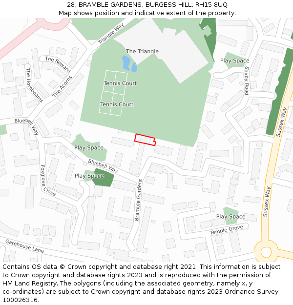 28, BRAMBLE GARDENS, BURGESS HILL, RH15 8UQ: Location map and indicative extent of plot