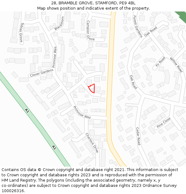 28, BRAMBLE GROVE, STAMFORD, PE9 4BL: Location map and indicative extent of plot